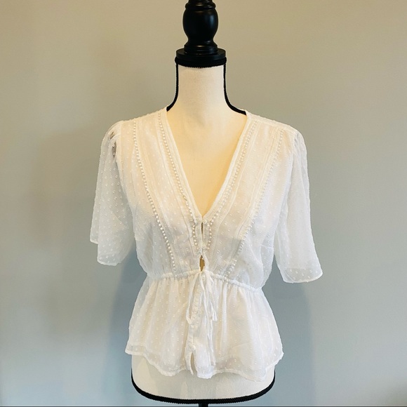 Abercrombie & Fitch Tops - White Knitted Dot Pattern Button Up Short Sleeve Blouse